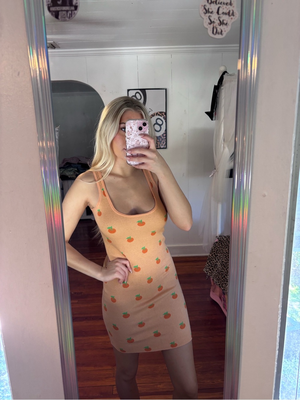 Peach Print Knit Tank Dress - Peach - Picture 7 of 9